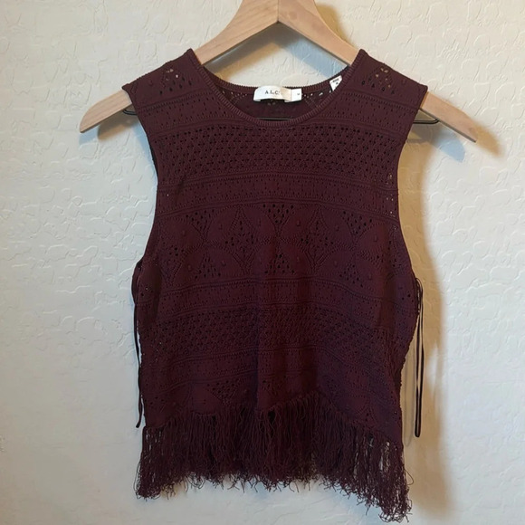 A.L.C. Cut Out Fringe Sleeveless Top Burgundy Size M - Picture 2 of 7